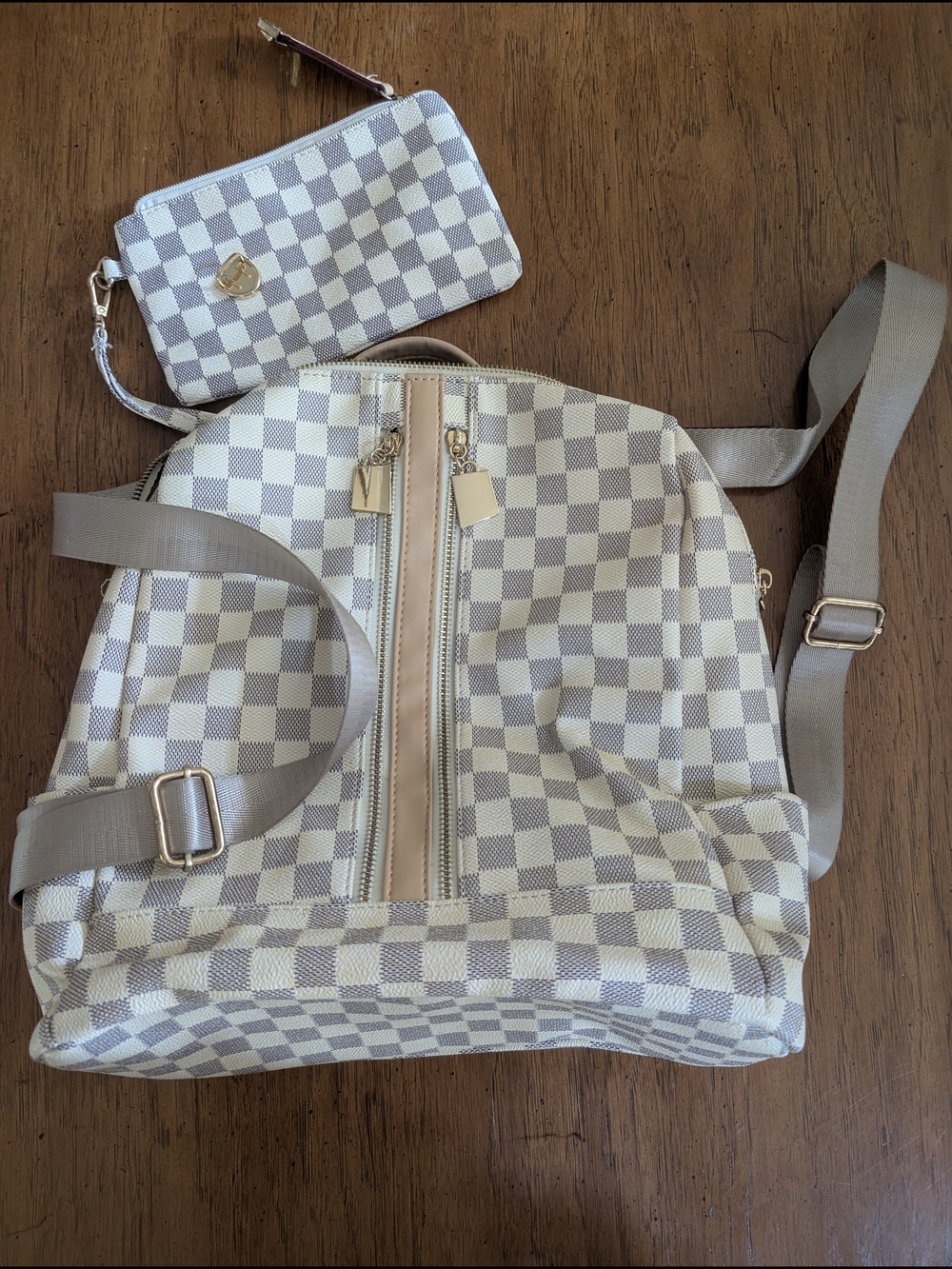 Checked Cream Backpack with Matching Pouch